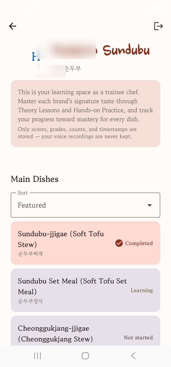 Per-dish learning menu (names hidden)